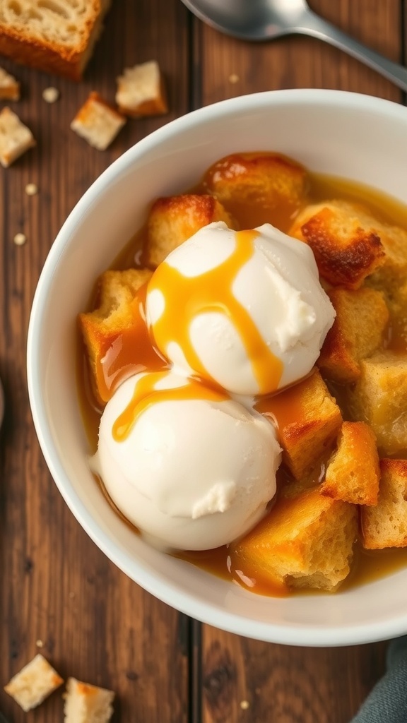 Instant Pot Bread Pudding Recipe A bowl of warm bread pudding topped with caramel sauce and ice cream on a rustic table.